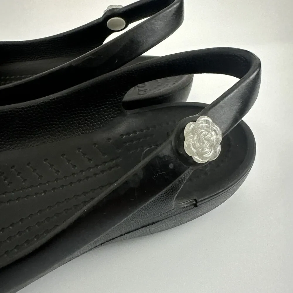 Crocs Jayna Slingback Flat Black Slip On Flower Jewel Comfort Lightweight 7